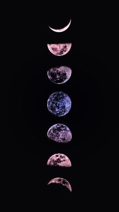 five phases of the moon are shown in purple and blue hues on a black background