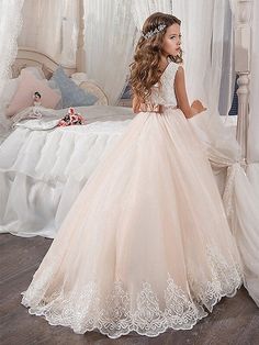 Ball Gown Jewel Sleeveless Lace Floor-Length Tulle Flower Girl Dresses Childrens Outfits, Flower Girl Dresses Navy, Communion Hairstyles, Sleeveless Flower Girl Dresses, Toddler Flower Girls, Cheap Flower Girl Dresses, Ivory Flower Girl, Girls Dresses Online, Ivory Flower Girl Dresses