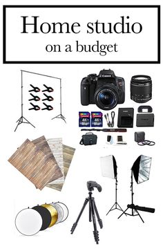 a camera, tripod, and other items are arranged in front of a sign that says home studio on a budget