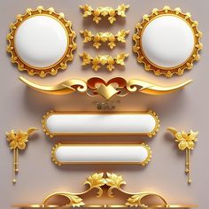 a set of golden frames and decorations on a gray background with gold trimmings