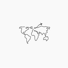 a black and white drawing of the world map with an airplane flying over it, on a white background