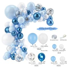 blue and white balloons are arranged in the shape of an arch, with different colors