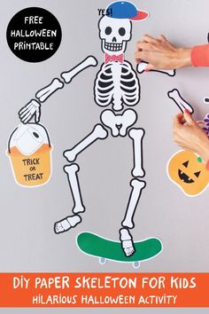 a skeleton cut out on a white background with text that reads, diy paper skeleton for kids hazardous halloween activity