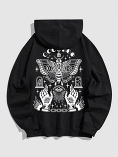 a black hoodie with the image of an owl and two hands on it, surrounded by