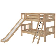 a wooden bunk bed with a slide and ladder on the bottom level, against a white background