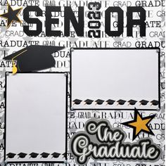 the graduate scrapbook page is decorated with black and white letters, stars, and graduation caps