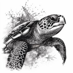 a black and white drawing of a turtle with water splashing on it's back