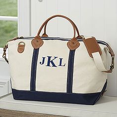 Luxurious Weekender Embroidered Navy Canvas Duffel Bag - Office Gifts Canvas Duffel Bag, Canvas Duffle Bag, Canvas Travel Bag, Personalized Luggage, Embroidered Canvas, Embroidered Monogram, Duffel Bags, Monogram Bag, Leather Accents