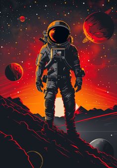 an astronaut standing on top of a mountain in front of the sun with planets around him