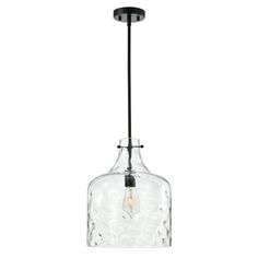 a clear glass light fixture with a black metal rod and an open bulb on the end