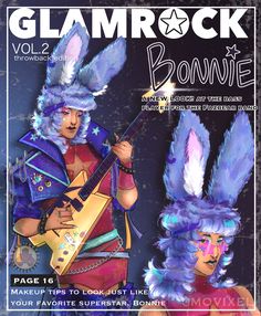 the front cover of glamrock magazine with two people dressed as bunny ears and holding guitars