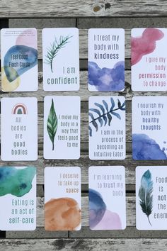 the cards have different designs on them and are printed with watercolors, including leaves