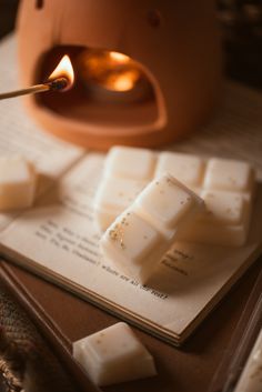 a lit match being used to melt marshmallows in front of an open book