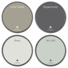 four different shades of gray paint with the words, grey linen, sea salt and peppercorn