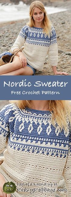 a woman sitting on the beach with her legs crossed and wearing a sweater that says nordic sweater free crochet pattern