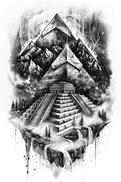 a black and white drawing of a pyramid in the sky with mountains, trees and water