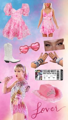 a collage of barbie dolls and accessories with the words love written on them in pink