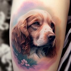 a dog with flowers on it's leg is shown in this tattoo art photo