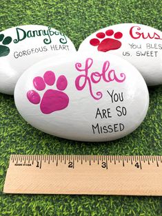 three painted rocks with pink paw prints on them