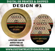 Gucci Charger Plate Inserts – Custom Favorz by Sharon Dollar General Charger Plates, Gucci Inspired Birthday Party, Gucci Plates And Cups, Charger Plate Decoupage, Charger Plate Crafts For Christmas, Charger Plate Wreaths, Gucci Party Theme, Gucci Party Decorations, Gucci Christmas