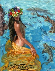 a painting of a woman wearing a flower crown in the water