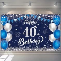 a happy birthday banner with balloons and confetti on it in front of a brick wall