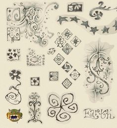 an assortment of tattoo designs on white paper