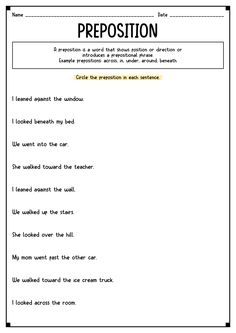 the worksheet for preposition