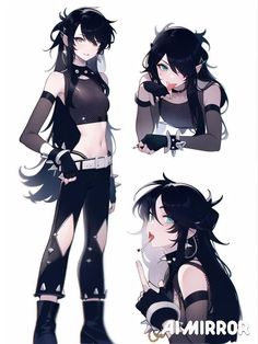 an anime character with long hair and black clothes, holding her hands on her hips