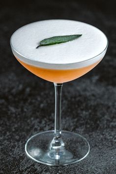 a drink in a glass with a green leaf on the rim and garnish