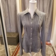 New Without Tag, Never Worn, Guess Cotton Button Up Shirt With Beautiful Detailing On The Front. Size M. Has No Flaws. Can Be Tucked In Or Out, Closed Or Open. Gray Button-up Blouse With Buttons, Gray Button-up Blouse, Formal Gray Button-up Top, Gray Button-up Top For Work, Fitted Gray Cotton Blouse, Fitted Business Casual Tops With Buttons, Fitted Gray Shirt For Fall, Fitted Tops With Buttons For Business Casual, Elegant Gray Top With Button Closure