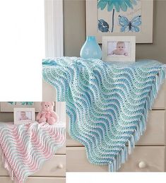 a crocheted baby blanket is shown with a teddy bear on the dresser next to it