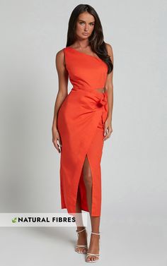 Get ready to turn heads in the stunning Rina Midi Dress! This vibrant orange dress features a trendy one-shoulder design with a side cut out and wrap detail, giving it an effortlessly chic look. Made from lightweight cotton fabric, this sleeveless midi dress is perfect for both party days and casual outings. Whether you're hitting the dance floor or enjoying brunch with friends, the Rina Midi Dress will make you feel confident and empowered. Embrace your individuality and rock this must-have pie Summer Sleeveless One Shoulder Dress With Cutout, Summer One Shoulder Sleeveless Dress With Cutout, Summer Sleeveless One-shoulder Dress With Cutout, Summer One-shoulder Dress With Cutout, Summer One-shoulder Midi Dress With Side Slits, Orange One-shoulder Midi Dress For Summer, Spring One Shoulder Dress With Side Slits, Spring One-shoulder Dress With Side Slits, Orange One-shoulder Midi Dress For Evening