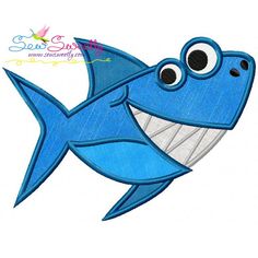 a cartoon blue shark with big eyes and a toothy smile on it's face