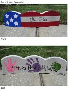 two signs with handprints on them that say the colors of the american flag