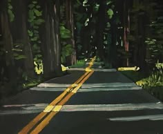 an oil painting of a road in the woods with yellow lines painted on it's sides