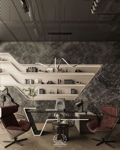 a modern office with marble walls and flooring