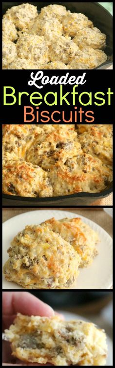 three different views of breakfast biscuits on a plate