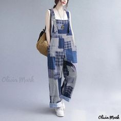 Olivia Mark - Artfully Designed Soft-Cotton Wide-Pants Casual Spring Patchwork Pants, Casual Patchwork Pants For Spring, Cotton Patchwork Pants For Work, Summer Patchwork Overalls, Summer Patchwork Overall Bottoms, Summer Overalls With Patchwork, Casual Patchwork Bottoms For Work, Casual Workwear Overalls, Linen Lounge Pants