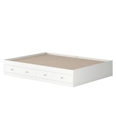 a white bed with two drawers on the bottom and one drawer open to show it's contents