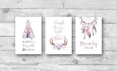 three watercolor prints with the words dream, love and deer on them in pink