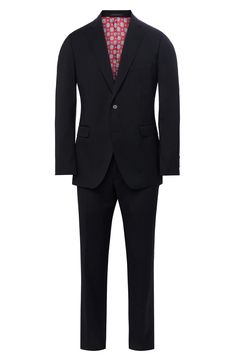 Whether it's an office occasion or a special event, this dapper suit with a classic design can do it all. 31" jacket length (40R); 31" inseam; 15 1/2" leg opening; 10" front rise (size 34) Jacket has notched lapels; four-button cuffs; chest pocket; flap pockets; interior pockets; side vents Trousers have zip fly with hook-and-bar closure; slant pockets; back button-welt pockets Unhemmed Jacket is lined; trousers are lined to the knee Polyester/rayon blend with 2% spandex
 Dry clean Imported Fitted Flat Front Suits For Business Casual, Slim Fit Notch Lapel Suits For Business Trips, Fitted Suits With Pressed Crease For Business Trips, Professional Fitted Suits For Business Trips, Fitted Suits For Business Trips, Fitted Professional Suits For Business Trips, Fitted Long Sleeve Business Suits, Fitted Business Suits With Suit Collar, Slim Fit Business Suit With Suit Collar