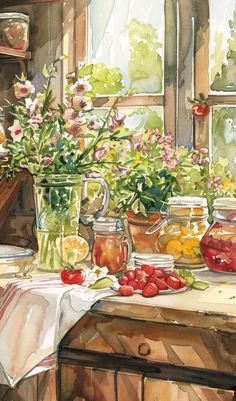 a painting of flowers and fruit on a table in front of a window with sun coming through