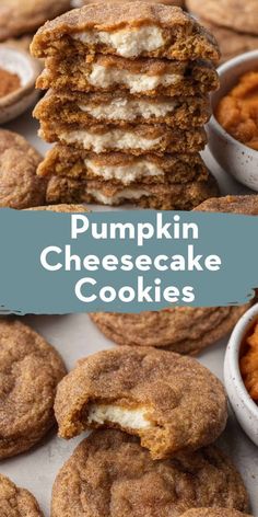 pumpkin cheesecake cookies stacked on top of each other with the words pumpkin cheesecake cookies