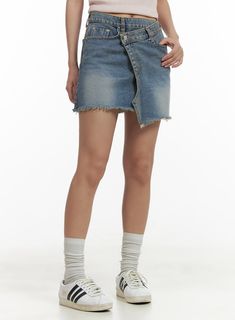 unbalanced-washed-denim-mini-skirt-cu405 / Blue Festival Trends, The Color Blue, Beige Top, Prom Outfits, Tailored Pants, Washed Denim, Fashion Korean, Swimwear Sale, Plus Size Jeans