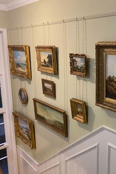 Hanging art with brass chains from a wooden picture rail Picture Rails, Wall Moulding, Picture Gallery Wall, Victorian Pictures, Plastic Moulding, Victorian Wall