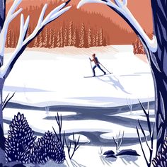 a skier is skiing through the snow in front of some trees and bushes, with an orange sky