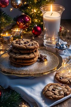 chocolate chip cookies on a plate next to a lit candle and christmas tree in the background