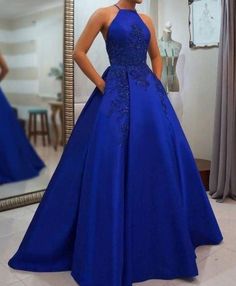 Prom Dress Halter, Blue Long Prom Dress, Royal Blue Prom Dress, Prom Dress Blue, Royal Blue Prom, Blue Prom Dress, Royal Blue Prom Dresses, Prom Dresses With Pockets, Satin Evening Dresses