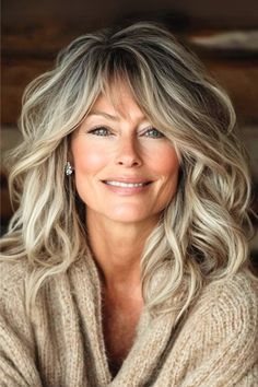 Messy Voluminous Layers with Bangs Hairstyle on a smiling woman in her 50s with blonde frosted hair. 50 Women Hairstyles Over 50, Long Blonde Hair Over 50, Long Hair Styles For 50+ Women With Bangs, Hairstyles For Round Faces Over 50, Long Bangs With Layers, Medium Length Layers With Bangs, Blonde Hair With Face Framing Highlights, Bangs Over 50 Medium Hair, Hair Color Ideas For Women Over 50